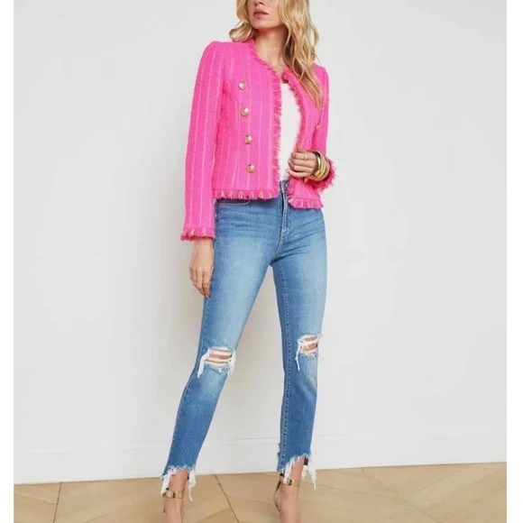 NEW L'AGENCE Tinlee Tweed Jacket - Barbie Pink Shocking Pink Gold Stripe - Picture 12 of 12